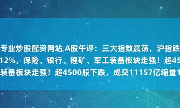 专业炒股配资网站 A股午评:三大指数震荡,沪指跌0.04%创业板指涨0.12%,保险、银行、锂矿、军工装备板块走强!超4500股下跌,成交11157亿缩量1804亿